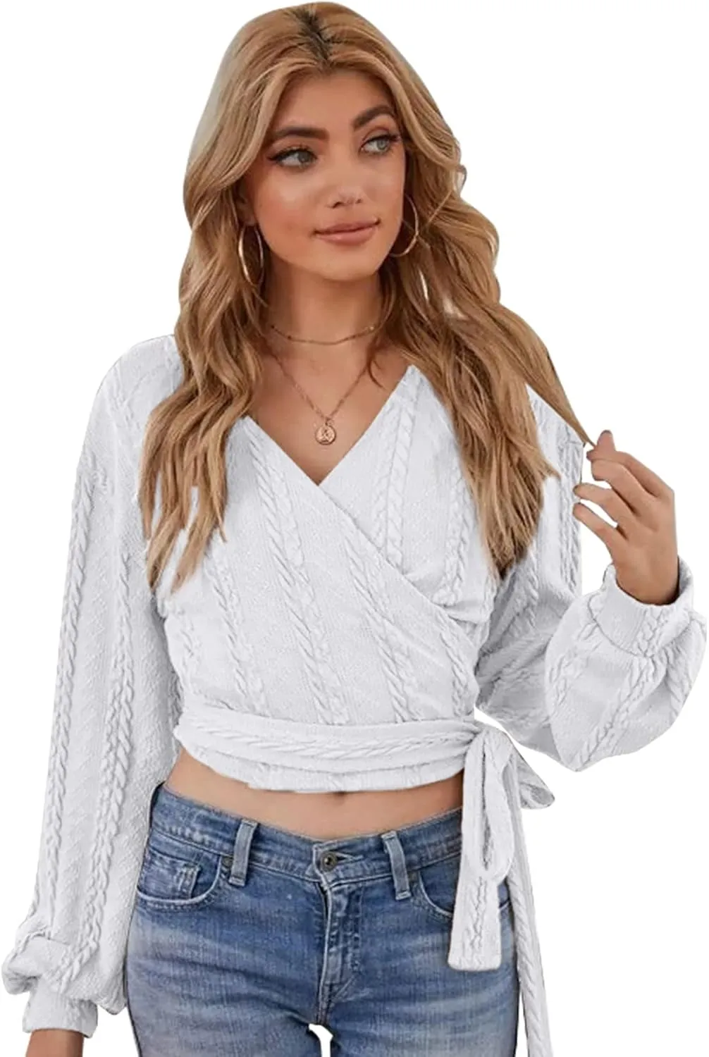 ZAFUL Women's V Neck Sweater Lantern Long Sleeve Pullover Cable Knit Cross Crop Top Casual Tie Wrap Tunic Jumper Blouses