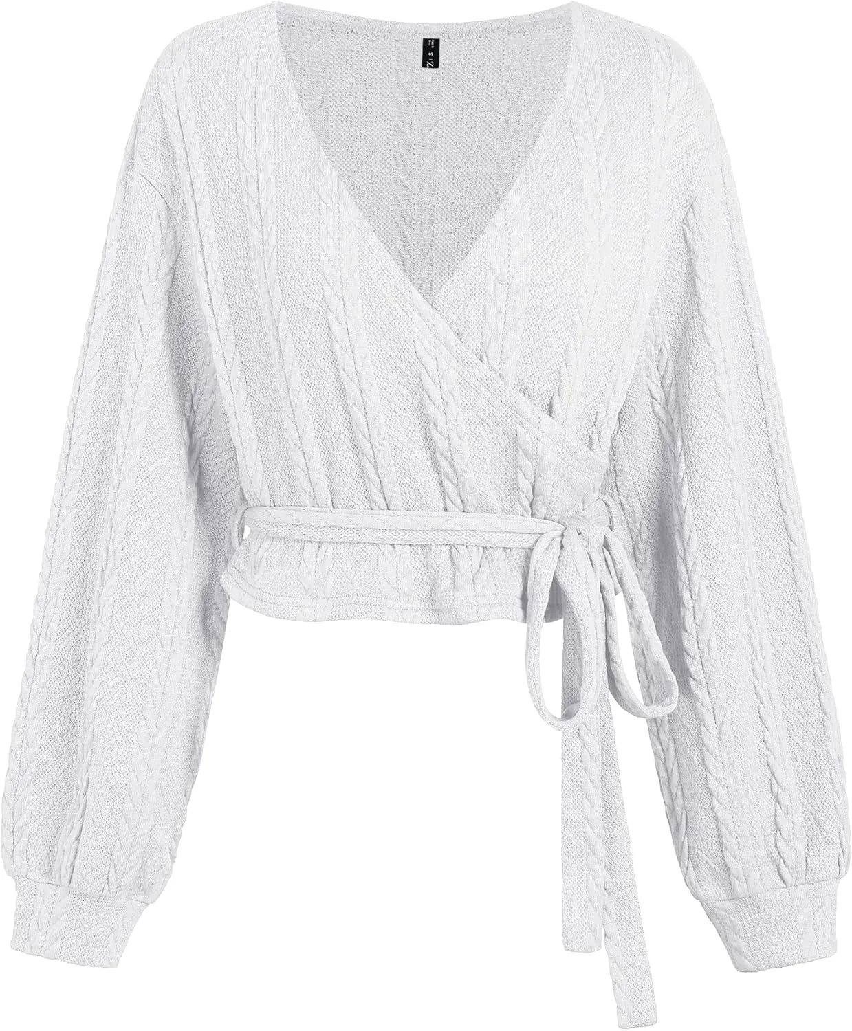 ZAFUL Women's V Neck Sweater Lantern Long Sleeve Pullover Cable Knit Cross Crop Top Casual Tie Wrap Tunic Jumper Blouses