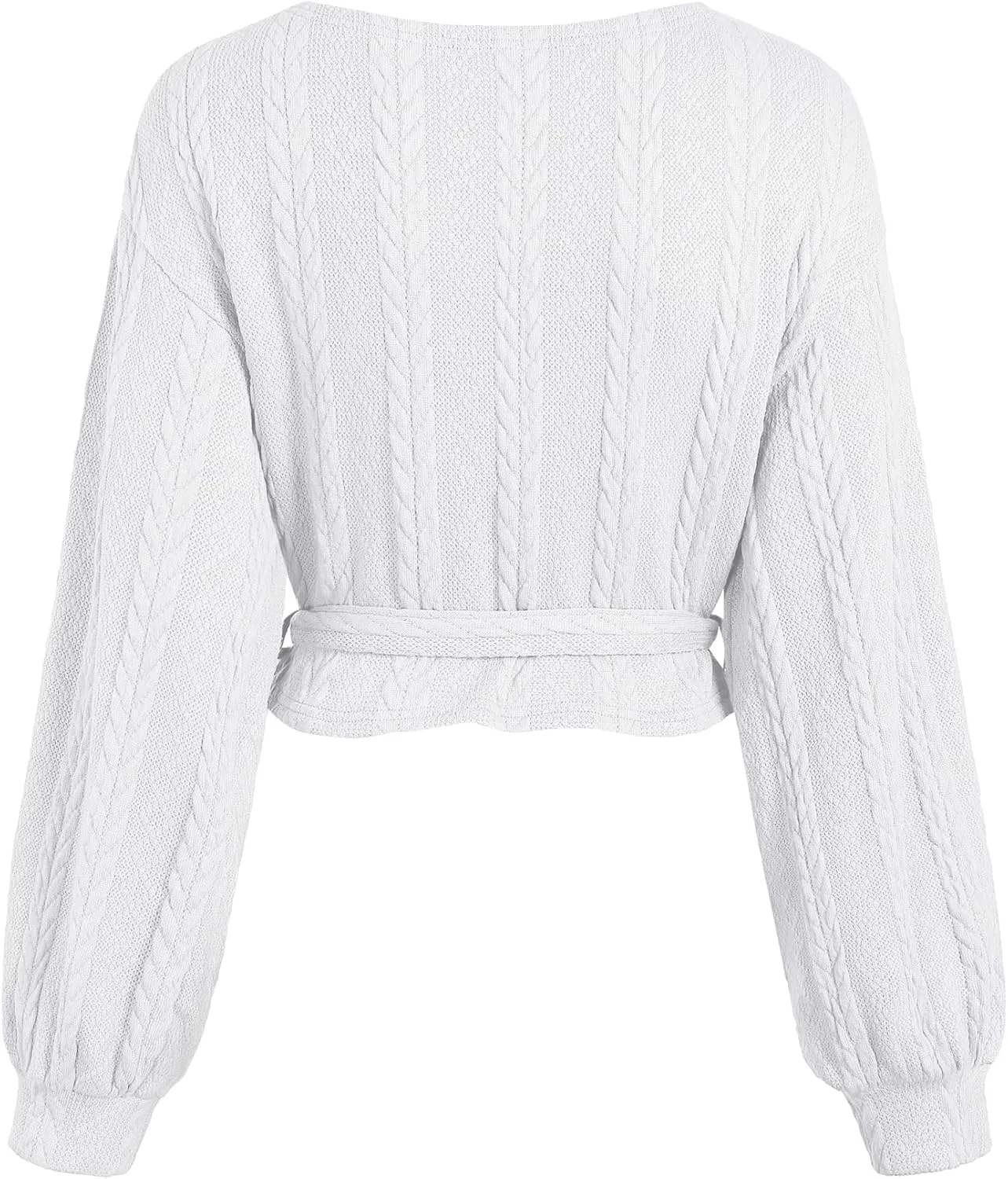 ZAFUL Women's V Neck Sweater Lantern Long Sleeve Pullover Cable Knit Cross Crop Top Casual Tie Wrap Tunic Jumper Blouses